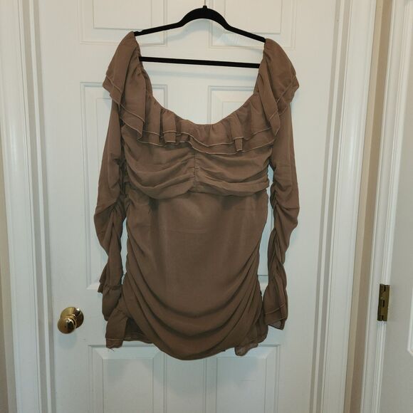 NWT Plus Mocha Brown Bardot Ruffle Detail Shift Dress Size US 16 - Picture 5 of 5